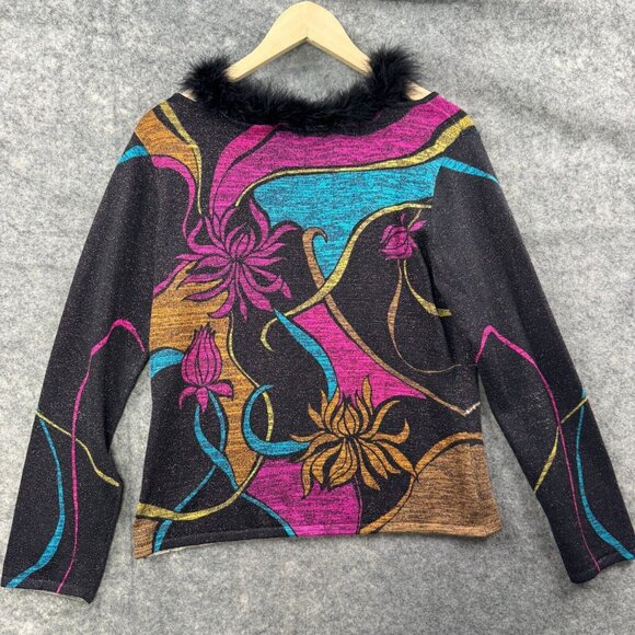 Ruby Cho Top Womens M Silk Blend Fur Collar Metallic Sequin Formal Floral Artsy - Picture 2 of 9